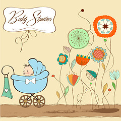 Image showing baby boy announcement card with baby and pram