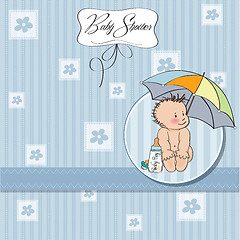 Image showing baby boy shower card with funny baby under his umbrella