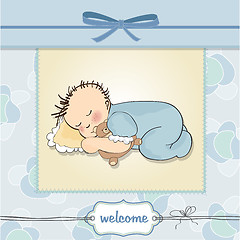 Image showing baby shower card with little baby boy sleep with his teddy bear 