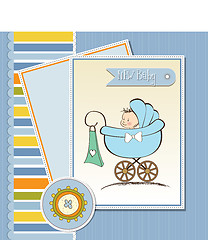 Image showing baby boy announcement card with baby and pram