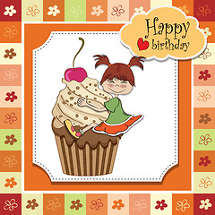 Image showing birthday card with funny girl perched on cupcake