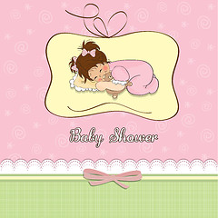 Image showing baby shower card with little baby girl play with her teddy bear 