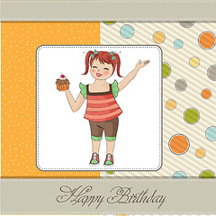 Image showing birthday greeting card with girl and big cupcake
