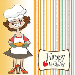 Image showing birthday greeting card with funny woman and pie