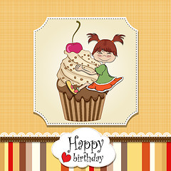 Image showing birthday card with funny girl perched on cupcake
