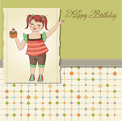 Image showing birthday greeting card with girl and big cupcake