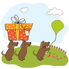 Image showing three dogs that offer a big gift. birthday greeting card