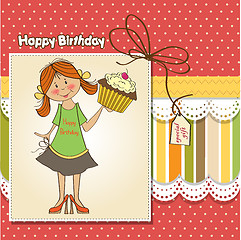 Image showing birthday greeting card with girl and big cupcake