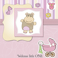 Image showing childish baby girl announcement card with hippo toy