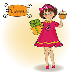 Image showing birthday greeting card with girl and big cupcake