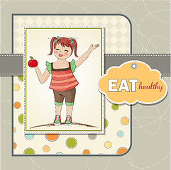 Image showing pretty young girl recommends healthy food