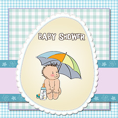 Image showing baby boy shower card with funny baby under his umbrella