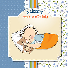 Image showing baby shower card with little baby boy sleep with his teddy bear 