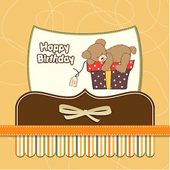 Image showing birthday greeting card with teddy bear and big gift box