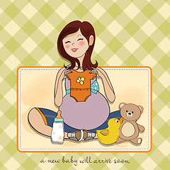 Image showing happy pregnant woman, baby shower card