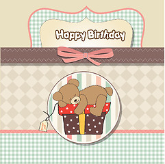 Image showing birthday greeting card with teddy bear and big gift box