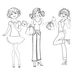 Image showing three cute fashion girls, black and white vector illustration is