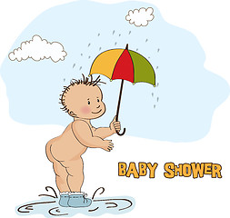 Image showing baby boy shower card with funny baby under his umbrella