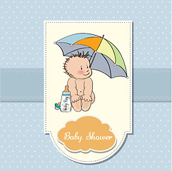 Image showing baby boy shower card with funny baby under his umbrella