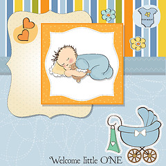 Image showing baby shower card with little baby boy sleep with his teddy bear 