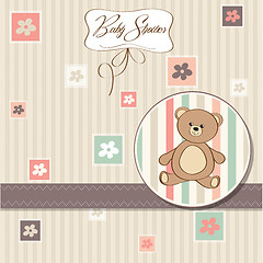 Image showing baby shower card with teddy bear toy