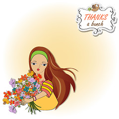 Image showing young girl with a bunch of flowers