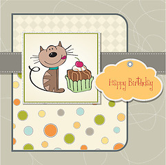 Image showing birthday greeting card with a cat waiting to eat a cake