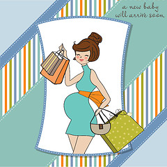 Image showing baby announcement card with beautiful pregnant woman on shopping