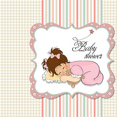 Image showing baby shower card with little baby girl play with her teddy bear 