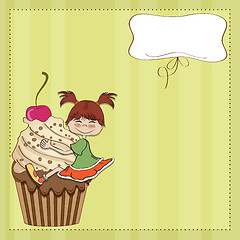 Image showing birthday card with funny girl perched on cupcake