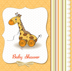 Image showing Baby shower card with cute giraffe toy