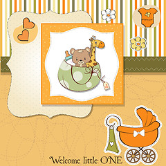 Image showing new baby announcement card with bag and same toys