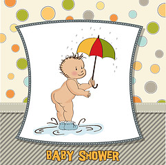 Image showing baby boy shower card with funny baby under his umbrella