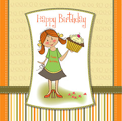 Image showing birthday greeting card with girl and big cupcake