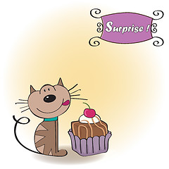 Image showing birthday greeting card with a cat waiting to eat a cake