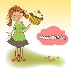 Image showing birthday greeting card with girl and big cupcake