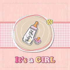 Image showing new baby girl announcement card with milk bottle and pacifier