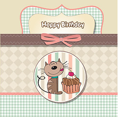 Image showing birthday greeting card with a cat waiting to eat a cake