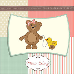 Image showing welcome baby card with girl teddy bear and her duck