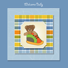 Image showing baby shower card with teddy bear hidden in a shoe