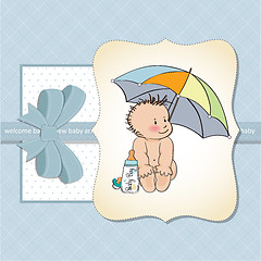 Image showing baby boy shower card with funny baby under his umbrella