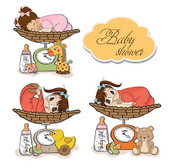 Image showing baby girl on on weighing scale, items set on white background