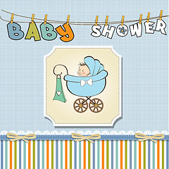 Image showing baby boy announcement card with baby and pram