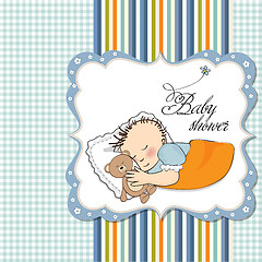 Image showing baby shower card with little baby boy sleep with his teddy bear 