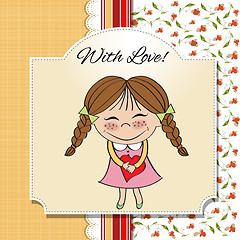 Image showing Funny girl with hearts. Doodle cartoon character.