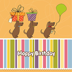 Image showing three dogs that offer a big gift. birthday greeting card