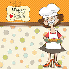 Image showing birthday greeting card with funny woman and pie