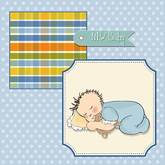 Image showing baby shower card with little baby boy sleep with his teddy bear 