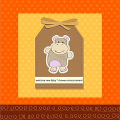 Image showing childish baby girl announcement card with hippo toy