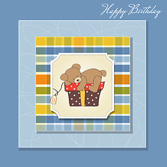 Image showing birthday greeting card with teddy bear and big gift box